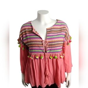 VELZERA Embroidered Coral Festival Pompom‎ Bohemian  Peasant Tassel Top Plus 1XL